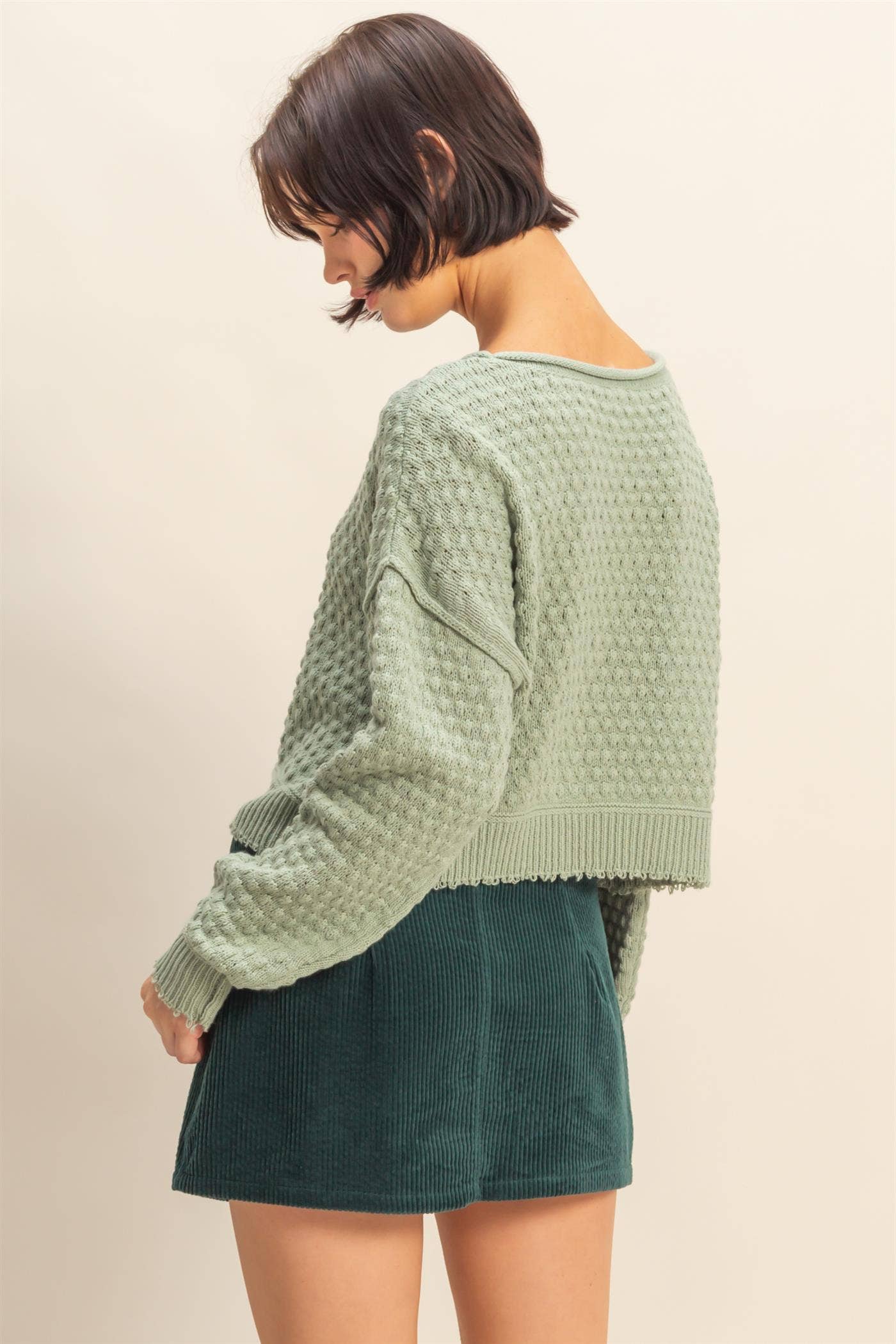 Textured Round Neck Long Sleeve Sweater