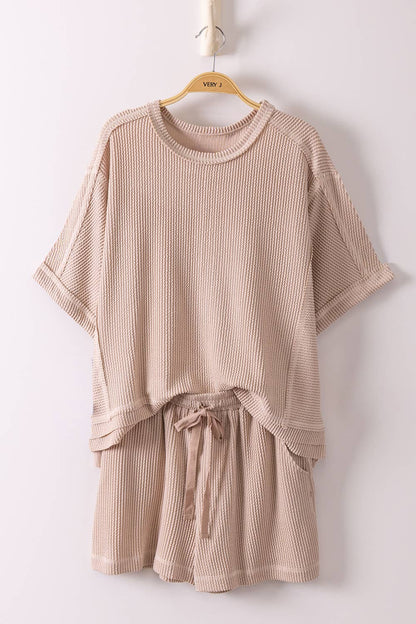 NT12686SET-Ribbed Knit Comfy Top & Shorts Set