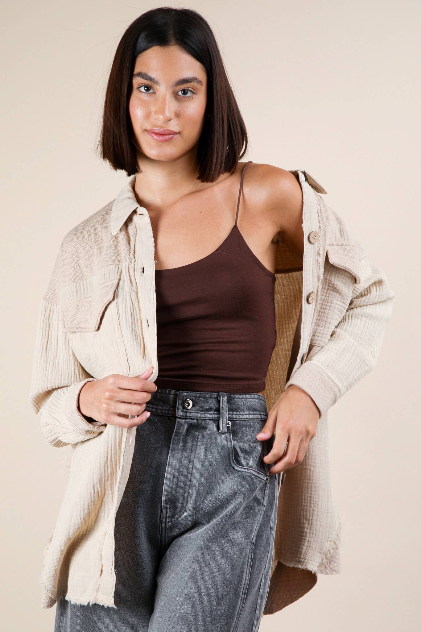 NJ90360-Mineral Washed Oversized Gauze Shacket Jacket